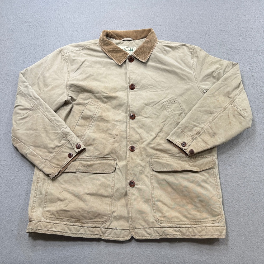 LL Bean Barn Jacket Mens XL Tan Canvas Corduroy Collar Quilted Lined Field Coat